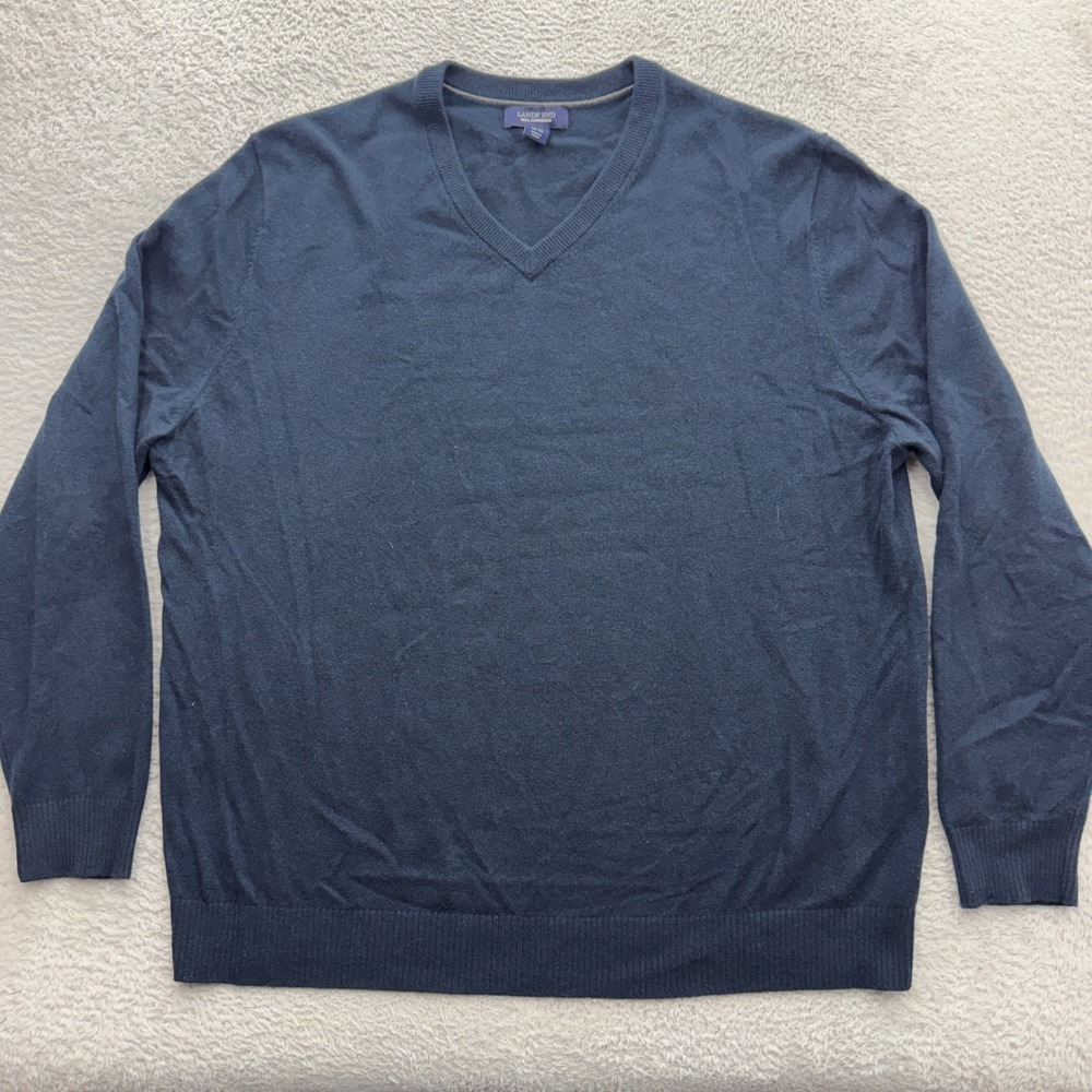 Lands End Mens XL Navy Blue 100% Cashmere V-Neck Knit Sweater 46-48